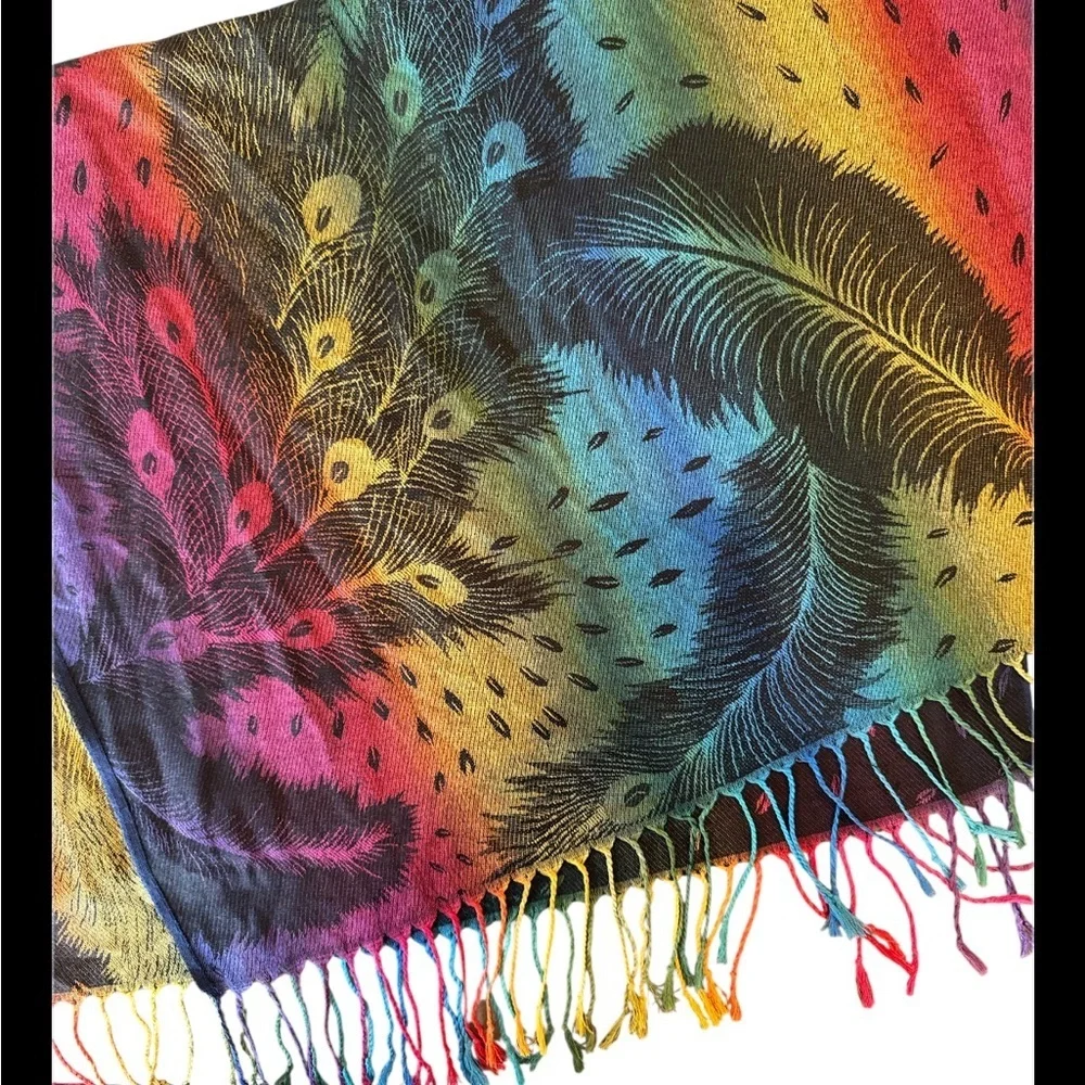 Peacock Feather Rainbow Pashmina Shawl Wrap Scarf Fringe Size OS